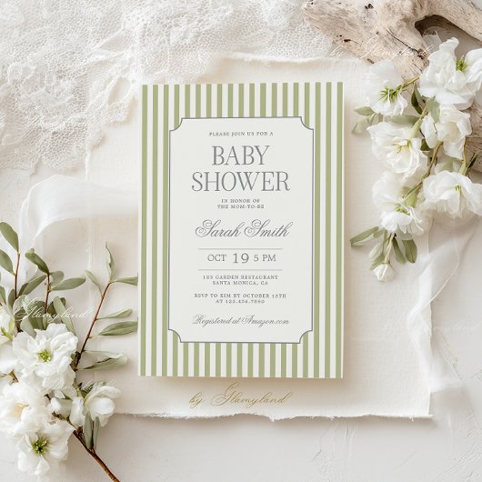 Sage Green Stripe Baby Shower Invitation Kaart