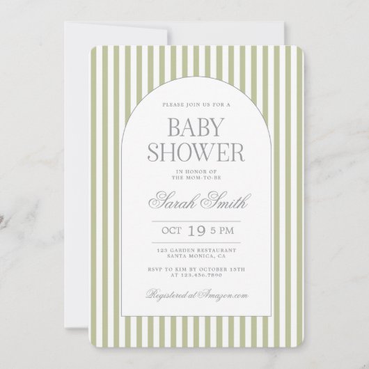 Sage Green Stripe Baby Shower Invitation Kaart (Voorkant)