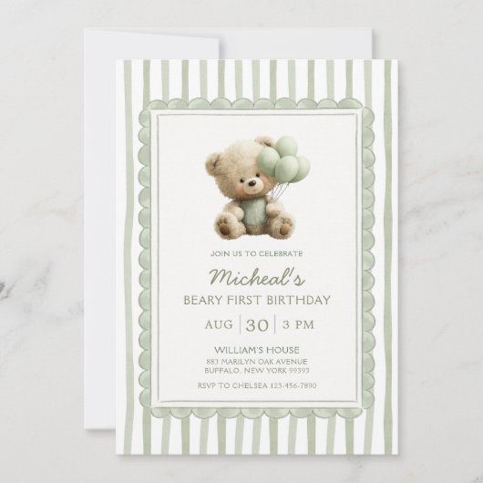 Sage Green Stripe Beary First Birthday  Kaart (Voorkant)