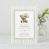 Sage Green Stripe Beary First Birthday  Kaart (Staand voorkant)