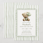 Sage Green Stripe Beary First Birthday  Kaart (Voorkant / Achterkant)