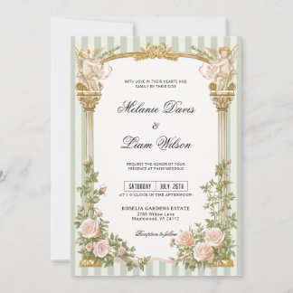 Sage Green Stripe Cherub Floral Arch Wedding Kaart