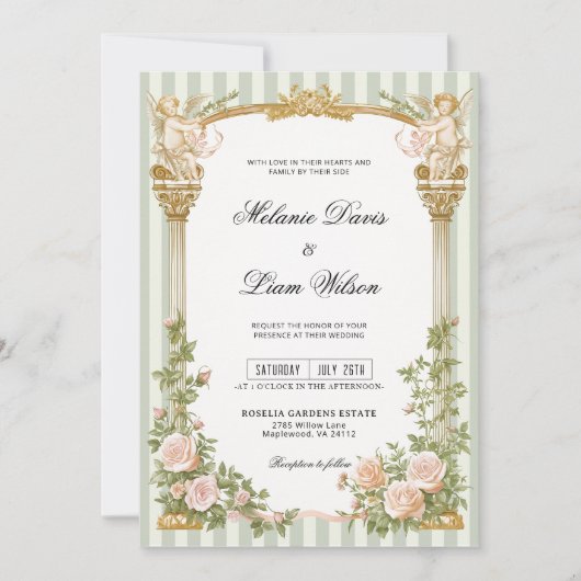 Sage Green Stripe Cherub Floral Arch Wedding Kaart (Voorkant)