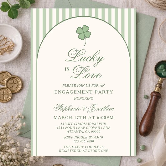 Sage Green Stripe Lucky in Love Engagement Party Kaart
