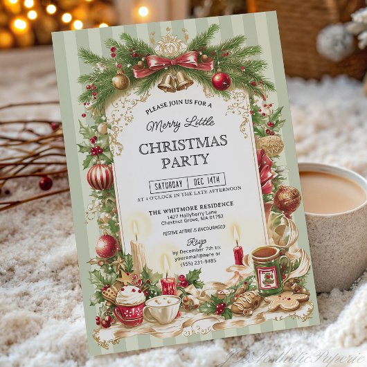 Sage Green Stripe Merry Little Christmas Party  Kaart