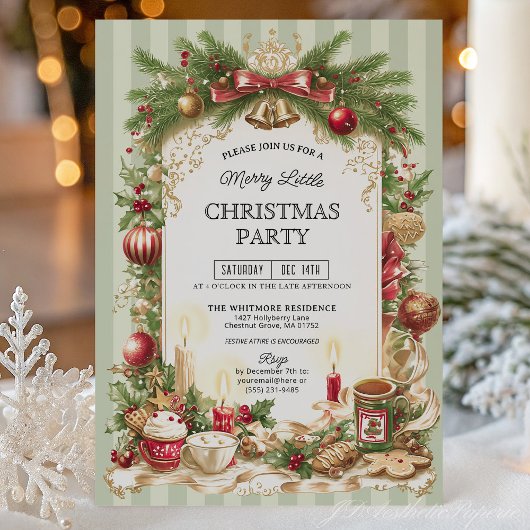 Sage Green Stripe Merry Little Christmas Party Kaart