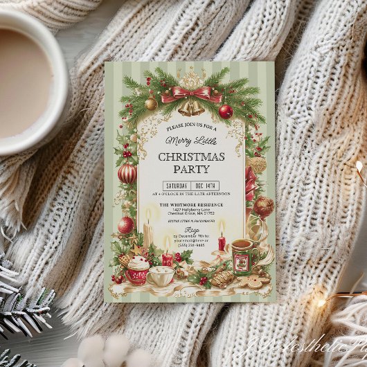 Sage Green Stripe Merry Little Christmas Party  Kaart