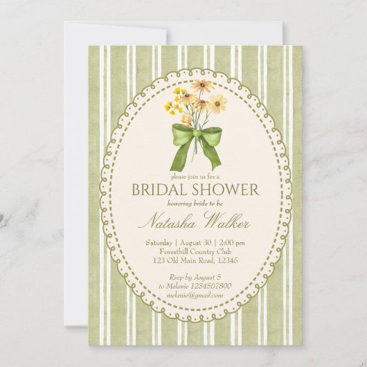Sage green stripe retro elegant bridal shower kaart (Voorkant)