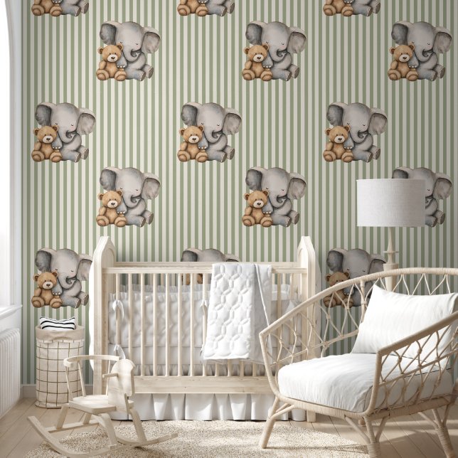 Sage Green Striped Elephant and Teddy Bear  Behang (Kinderen)