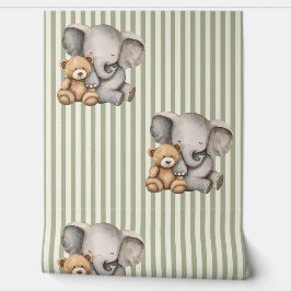 Sage Green Striped Elephant and Teddy Bear  Behang