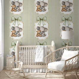 Sage Green Striped Elephant and Teddy Bear  Behang