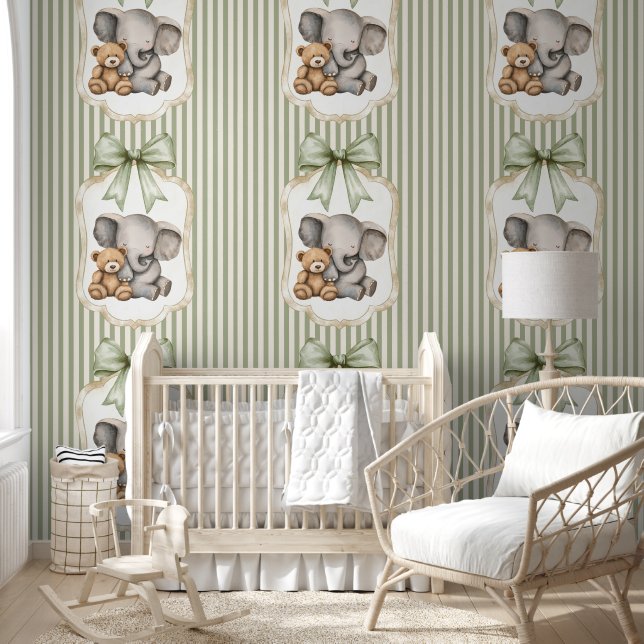 Sage Green Striped Elephant and Teddy Bear  Behang (Kinderen)