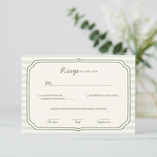 Sage Green Striped Wedding RSVP Card  (Staand voorkant)