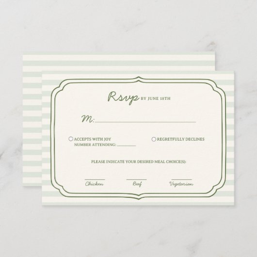 Sage Green Striped Wedding RSVP Card  (Voorkant / Achterkant)