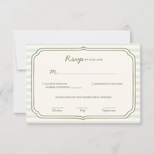 Sage Green Striped Wedding RSVP Card Kaartje (Voorkant)