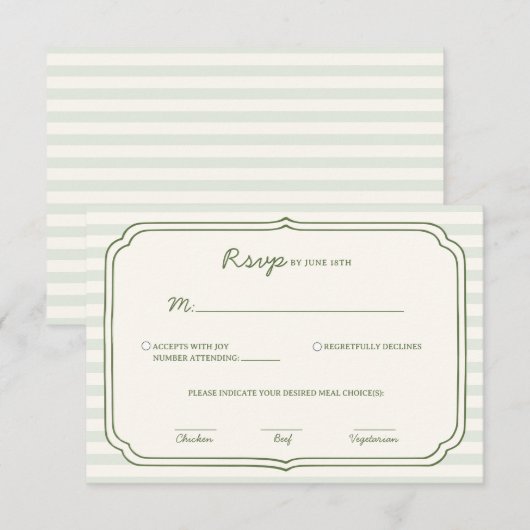 Sage Green Striped Wedding RSVP Card  Kaartje (Voorkant / Achterkant)