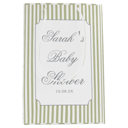 Sage Green Stripes Baby Shower Medium Cadeauzakje (Voorkant)