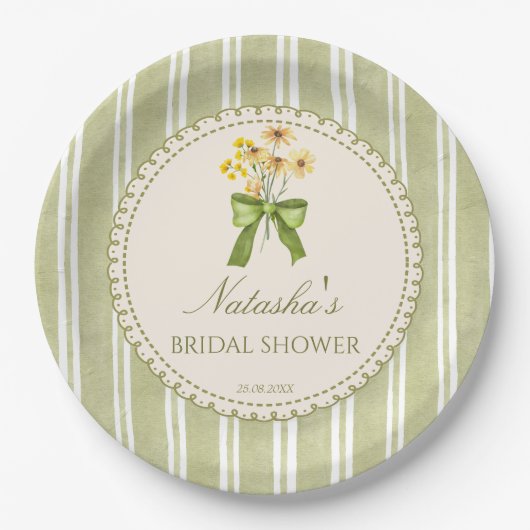 Sage green stripes bridal shower monogrammed papieren bordje (Voorkant)