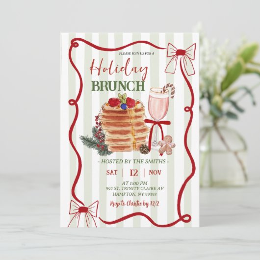 Sage Green Stripes Christmas Holiday Brunch Kaart (Staand voorkant)