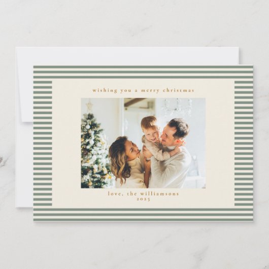  Sage Green Stripes Custom Photo Christmas Feestdagenkaart (Voorkant)