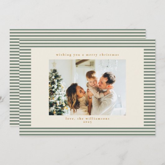  Sage Green Stripes Custom Photo Christmas Feestdagenkaart (Voorkant / Achterkant)