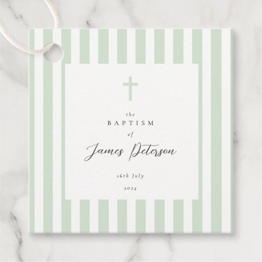 Sage Green Stripes Elegant Doopsel Bedankjes Labels (Voorkant)