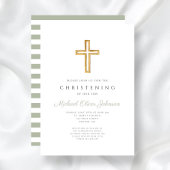 Sage Green Stripes Religious Cross Christening Kaart