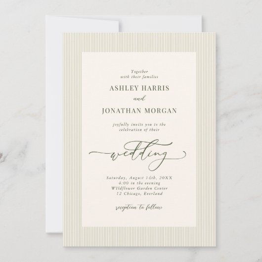 Sage Green Stripes Wedding Invitation Kaart (Voorkant)