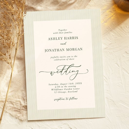 Sage Green Stripes Wedding Invitation Kaart