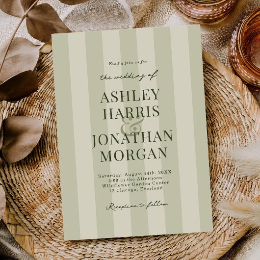 Sage Green Stripes Wedding Invitation Kaart