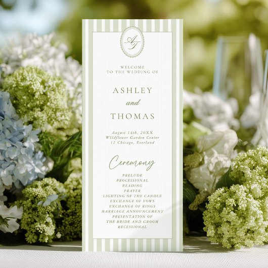 Sage Green Stripes Wedding Program Kaart