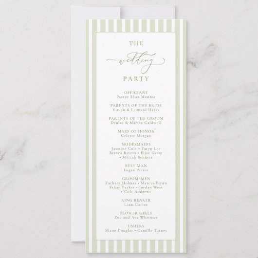Sage Green Stripes Wedding Program Kaart (Achterkant)