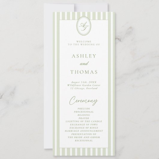 Sage Green Stripes Wedding Program Kaart (Voorkant)