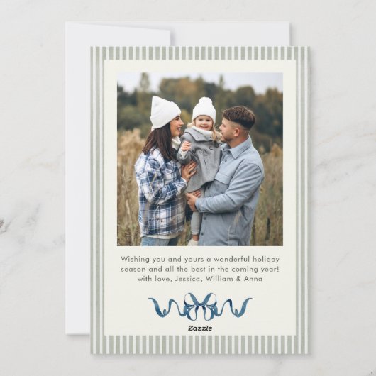 Sage Green Stripped Blue Bow Christmas 2 Photo Feestdagenkaart (Achterkant)