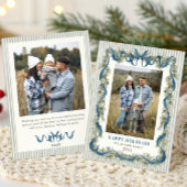 Sage Green Stripped Blue Bow Christmas 2 Photo Feestdagenkaart