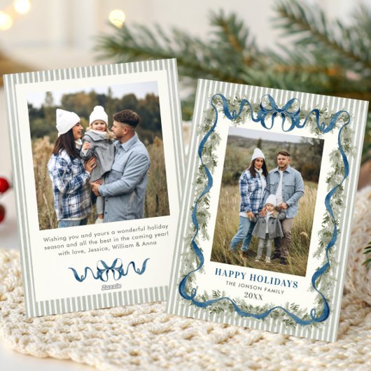 Sage Green Stripped Blue Bow Christmas 2 Photo Feestdagenkaart