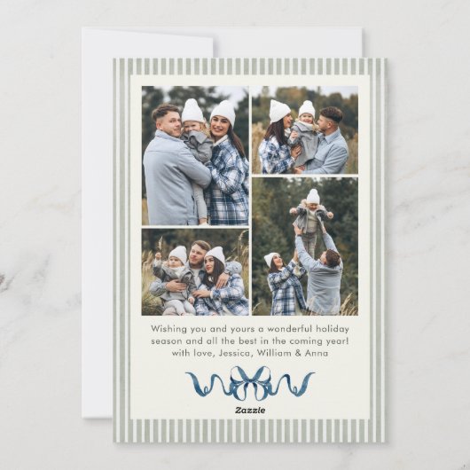 Sage Green Stripped Blue Bow Christmas 5 Photo Feestdagenkaart (Achterkant)