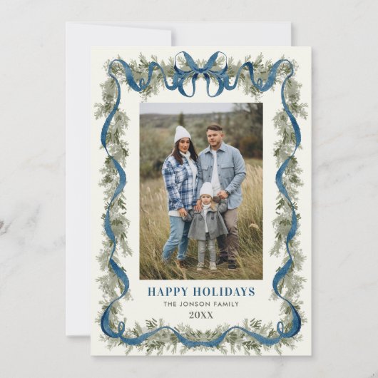 Sage Green Stripped Blue Bow Christmas 5 Photo Feestdagenkaart (Voorkant)