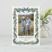 Sage Green Stripped Blue Bow Christmas 5 Photo Feestdagenkaart (Staand voorkant)