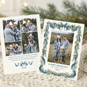 Sage Green Stripped Blue Bow Christmas 5 Photo Feestdagenkaart