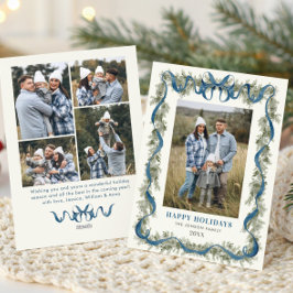 Sage Green Stripped Blue Bow Christmas 5 Photo Feestdagenkaart