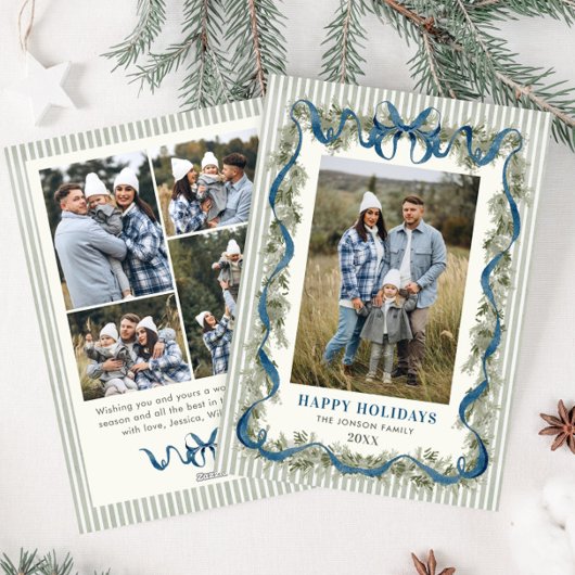 Sage Green Stripped Blue Bow Christmas 5 Photo Feestdagenkaart