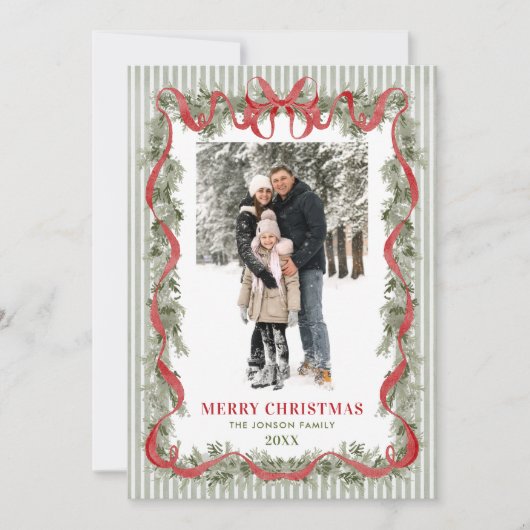 Sage Green Stripped Red Bow Christmas 2 Photo Feestdagenkaart (Voorkant)