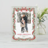 Sage Green Stripped Red Bow Christmas 2 Photo Feestdagenkaart (Staand voorkant)