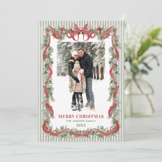 Sage Green Stripped Red Bow Christmas 5 Photo Feestdagenkaart (Staand voorkant)
