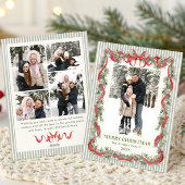 Sage Green Stripped Red Bow Christmas 5 Photo Feestdagenkaart