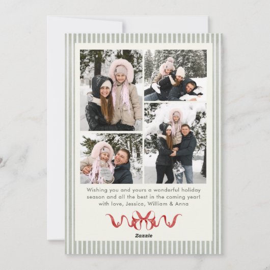 Sage Green Stripped Red Bow Christmas 5 Photo Feestdagenkaart (Achterkant)