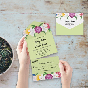 Sage Green Summer Boho Elegant Floral Wedding All In One Uitnodiging