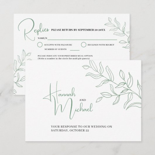 Sage green takmeel optie bruiloft RSVP Kaartje (Voorkant / Achterkant)