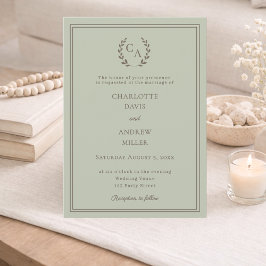 Sage green taupe wreath monogram simple wedding  kaart